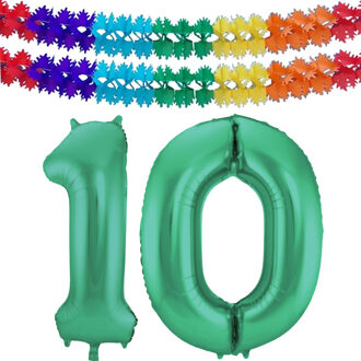 Folat Leeftijd folie ballonnen - Leeftijd cijfer 10 - groen - 86 cm - en 2x feestslingers gekleurd