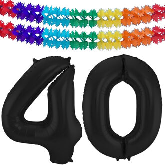 Folat Leeftijd folie ballonnen - Leeftijd cijfer 40 - zwart - 86 cm - en 2x feestslingers gekleurd