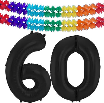 Folat Leeftijd folie ballonnen - Leeftijd cijfer 60 - zwart - 86 cm - en 2x feestslingers gekleurd