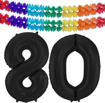 Folat Leeftijd folie ballonnen - Leeftijd cijfer 80 - zwart - 86 cm - en 2x feestslingers gekleurd