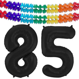 Folat Leeftijd folie ballonnen - Leeftijd cijfer 85 - zwart - 86 cm - en 2x feestslingers gekleurd