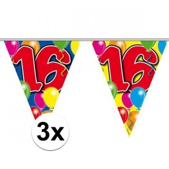 Folat Leeftijd slinger - 3x - 16 jaar - 10 meter - versiering vlaggenlijn / vlaggetjes Multi