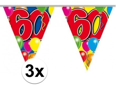 Folat Leeftijd vlaggenlijn 60 jaar - 3x - 10 meter - plastic - 60e verjaardag slinger - vlaggetjes Multi