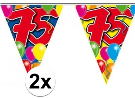 Folat Leeftijd vlaggenlijn 75 jaar - 2x - 10 meter - plastic - 75e verjaardag slinger - vlaggetjes Multi