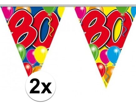 Folat Leeftijd vlaggenlijn 80 jaar - 2x - 10 meter - plastic - 80e verjaardag slinger - vlaggetjes Multi