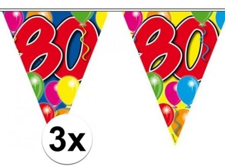 Folat Leeftijd vlaggenlijn 80 jaar - 3x - 10 meter - plastic - 80e verjaardag slinger - vlaggetjes Multi