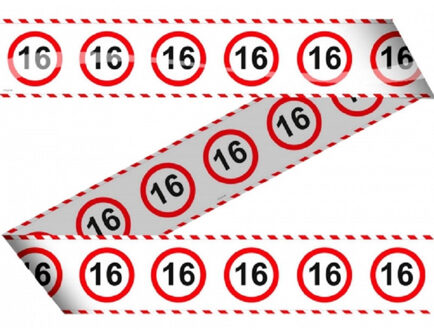Folat Markeerlint/afzetlint 16 jaar versiering - 3x stuks - met stop borden print - 15 meter - plastic