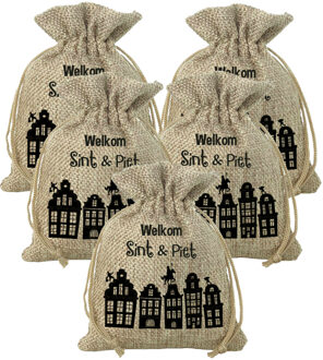 Folat Mini Sinterklaas jute cadeauzak Welkom Sint en Piet - Pakket van 10x stuks - Strooizak met koord - 1