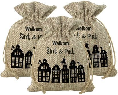 Folat Mini Sinterklaas jute cadeauzak Welkom Sint en Piet - Pakket van 12x stuks - Strooizak met koord - 1