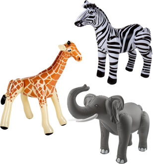 Folat Opblaasbare dieren - 3x stuks - safari en jungle thema - kunststof - zebra - giraffe - olifant Multi