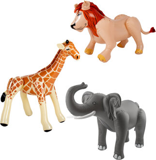 Folat Opblaasbare dieren - 3x stuks - safari thema - kunststof - leeuw - giraffe - olifant