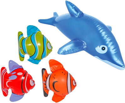 Folat Opblaasbare dieren set - 3x stuks Opblaasbare vissen van 22 cm en 1x een dolfijn van 53 cm