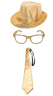 Folat party carnaval set - gouden verkleed hoedje stropdas - en metallic gouden feestbril