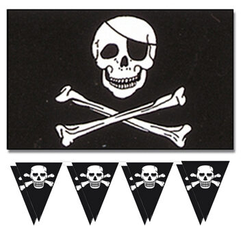 Folat Piraten feestje/verjaardag versiering set - 2x vlaggenlijnen - en 1x piratenvlag - 90 x 150 cm