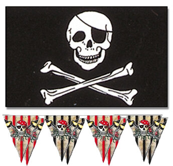Folat Piraten feestje/verjaardag versiering set - 2x vlaggenlijnen - en 1x piratenvlag 90 x 150 cm
