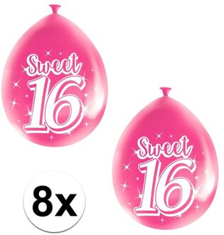 Folat Roze Sweet 16 verjaardag ballonnen - 8x stuks - 16 jaar verjaardag feestartikelen - versiering - Ballonnen