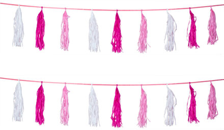 Folat Set van 2x stuks kwast tassel feestslingers roze 3 meter - Meisjes geboren feestartikelen versieringen