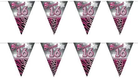 Folat Sweet 16 Sixteen vlaggenlijn slinger - 2x - plastic - 10 meter - versiering - roze/zilver