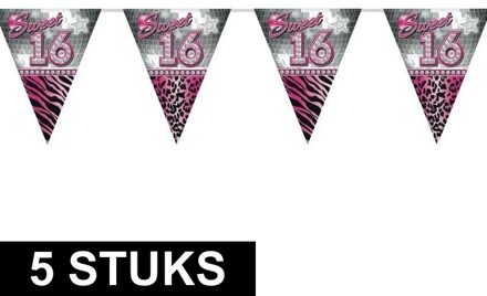 Folat Sweet 16 Sixteen vlaggenlijn slinger - 5x stuks - plastic - 10 meter - versiering - roze/zilver Multi