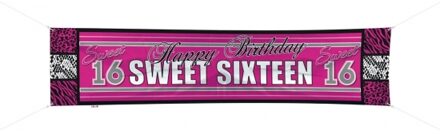 Folat Sweet 16 verjaardag thema spandoek - roze/zwart - 180 x 40cm - 16e verjaardag versiering Multi