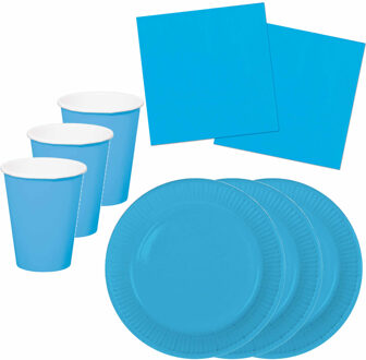 Folat Tafel dekken feestartikelen kleur blauw 16x bordjes/16x drink bekers/20x servetten