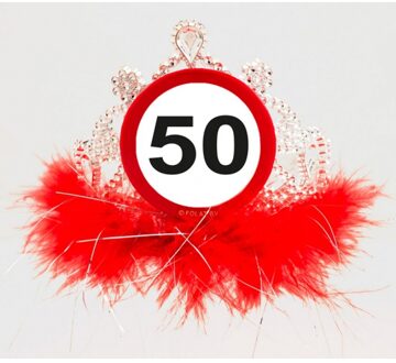 Folat tiara verkeersbord 50 jaar rood/zilver one-size
