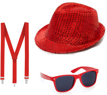 Folat Toppers - Carnaval verkleed set glitter hoed party bril en bretels rood
