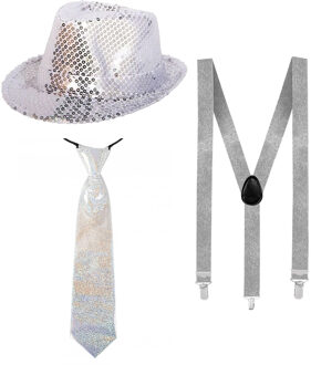 Folat Toppers - Carnaval verkleed set hoed-stropdas-bretels zilver glitters