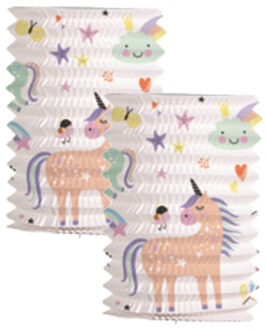 Folat Trek lampion eenhoorns & regenbogen - 2x - H16 cm - meerkleurig - papier