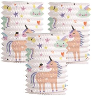 Folat Trek lampion eenhoorns & regenbogen - 3x - H16 cm - meerkleurig - papier