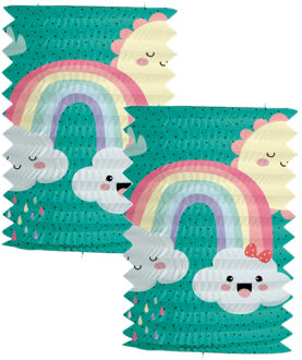 Folat Trek lampion regenboog - 2x - H16 cm - blauw - papier