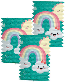 Folat Trek lampion regenboog - 3x - H16 cm - blauw - papier