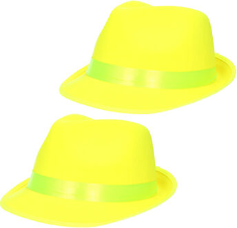 Folat Trilby hoed - 2x stuks - neon geel - voor volwassenen - carnaval - verkleden
