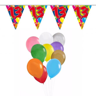 Folat Verjaardag 13 jaar feest thema set 50x ballonnen en 2x leeftijd print vlaggenlijnen