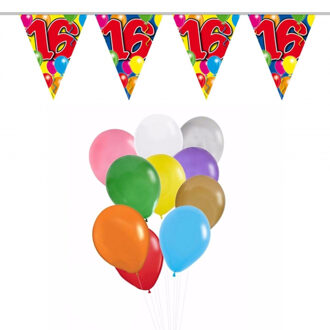 Folat Verjaardag 16 jaar feestartikelen set - 50x ballonnen - 2x leeftijd print vlaggenlijnen