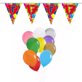 Folat Verjaardag 17 jaar feest thema set - 50x ballonnen - 2x leeftijd print vlaggenlijnen