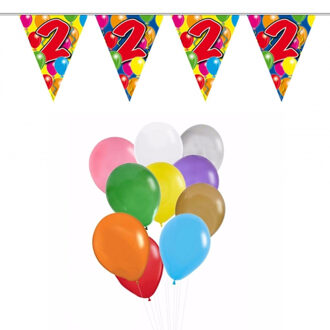 Folat Verjaardag 2 jaar feest thema set 50x ballonnen en 2x leeftijd print vlaggenlijnen