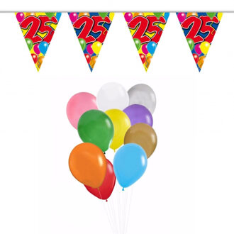 Folat Verjaardag 25 jaar feestartikelen set - 50x ballonnen - 2x leeftijd print vlaggenlijnen