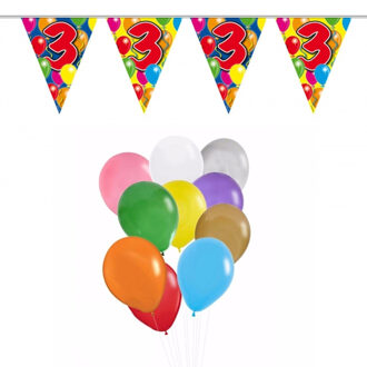 Folat Verjaardag 3 jaar feestartikelen set - 50x ballonnen - 2x leeftijd print vlaggenlijnen