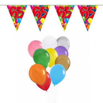Folat Verjaardag 65 jaar feest thema set 50x ballonnen en 2x leeftijd print vlaggenlijnen