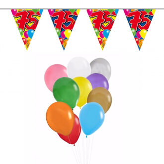 Folat Verjaardag 75 jaar feestartikelen set - 50x ballonnen - 2x leeftijd print vlaggenlijnen