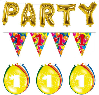 Folat Verjaardag feestversiering 1 jaar PARTY letters en 16x ballonnen met 2x plastic vlaggetjes