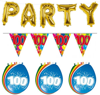 Folat Verjaardag feestversiering 100 jaar PARTY letters en 16x ballonnen met 2x plastic vlaggetjes