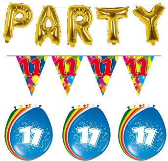 Folat Verjaardag feestversiering 11 jaar PARTY letters en 16x ballonnen met 2x plastic vlaggetjes