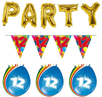 Folat Verjaardag feestversiering 12 jaar PARTY letters en 16x ballonnen met 2x plastic vlaggetjes