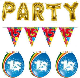 Folat Verjaardag feestversiering 15 jaar PARTY letters en 16x ballonnen met 2x plastic vlaggetjes