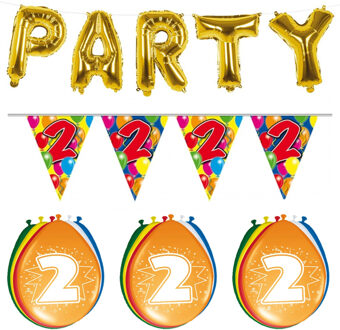 Folat Verjaardag feestversiering 2 jaar PARTY letters en 16x ballonnen met 2x plastic vlaggetjes