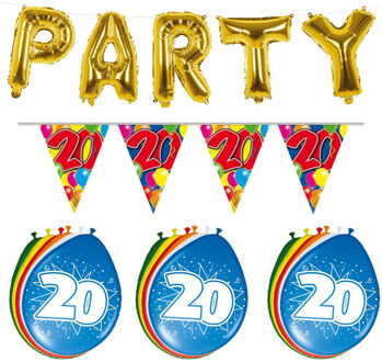 Folat Verjaardag feestversiering 20 jaar PARTY letters en 16x ballonnen met 2x plastic vlaggetjes