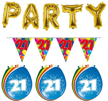 Folat Verjaardag feestversiering 21 jaar PARTY letters en 16x ballonnen met 2x plastic vlaggetjes