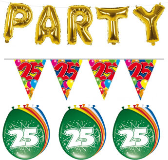 Folat Verjaardag feestversiering 25 jaar PARTY letters en 16x ballonnen met 2x plastic vlaggetjes